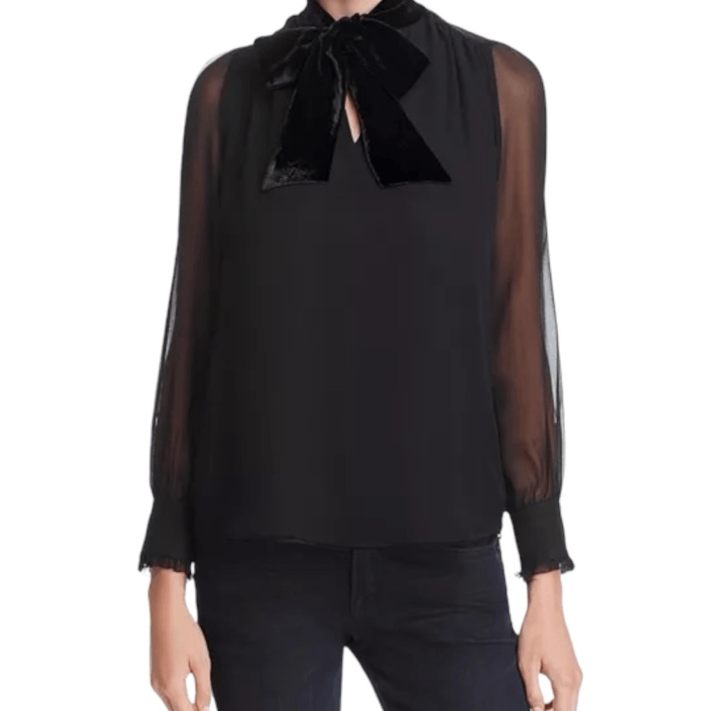 Nwt Kate Spade Black Long Sleeve Silk Chiffon Blouse With Velvet Bow, Msrp $358